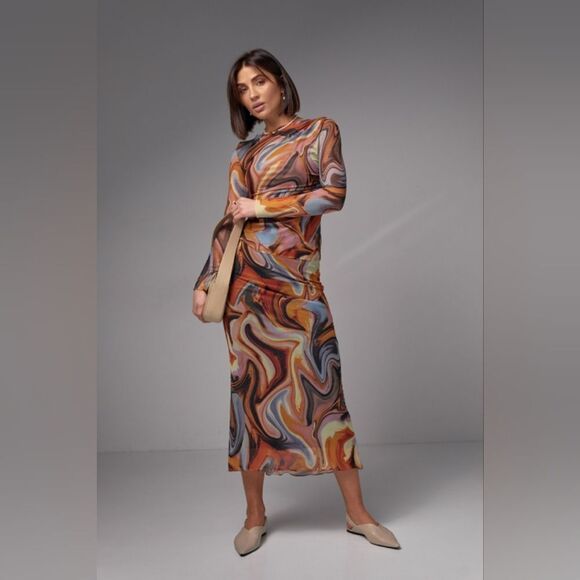 ZARA SET Printed tulle โSet Top And Skirt Organge Beige Brown Combiation - Picture 7 of 16